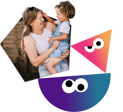 Shape and photo of a parent sharing a playful moment with their toddler daughter.