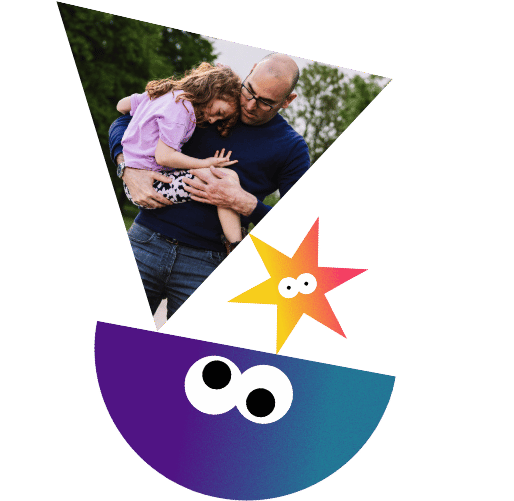 Shape and photo of parent assessing child injuries illustration.